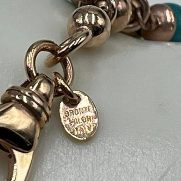 Milor Bronze Italy Faux Blue Turquoise Beaded Dangle Rose Tone Bracelet - Picture 4 of 8